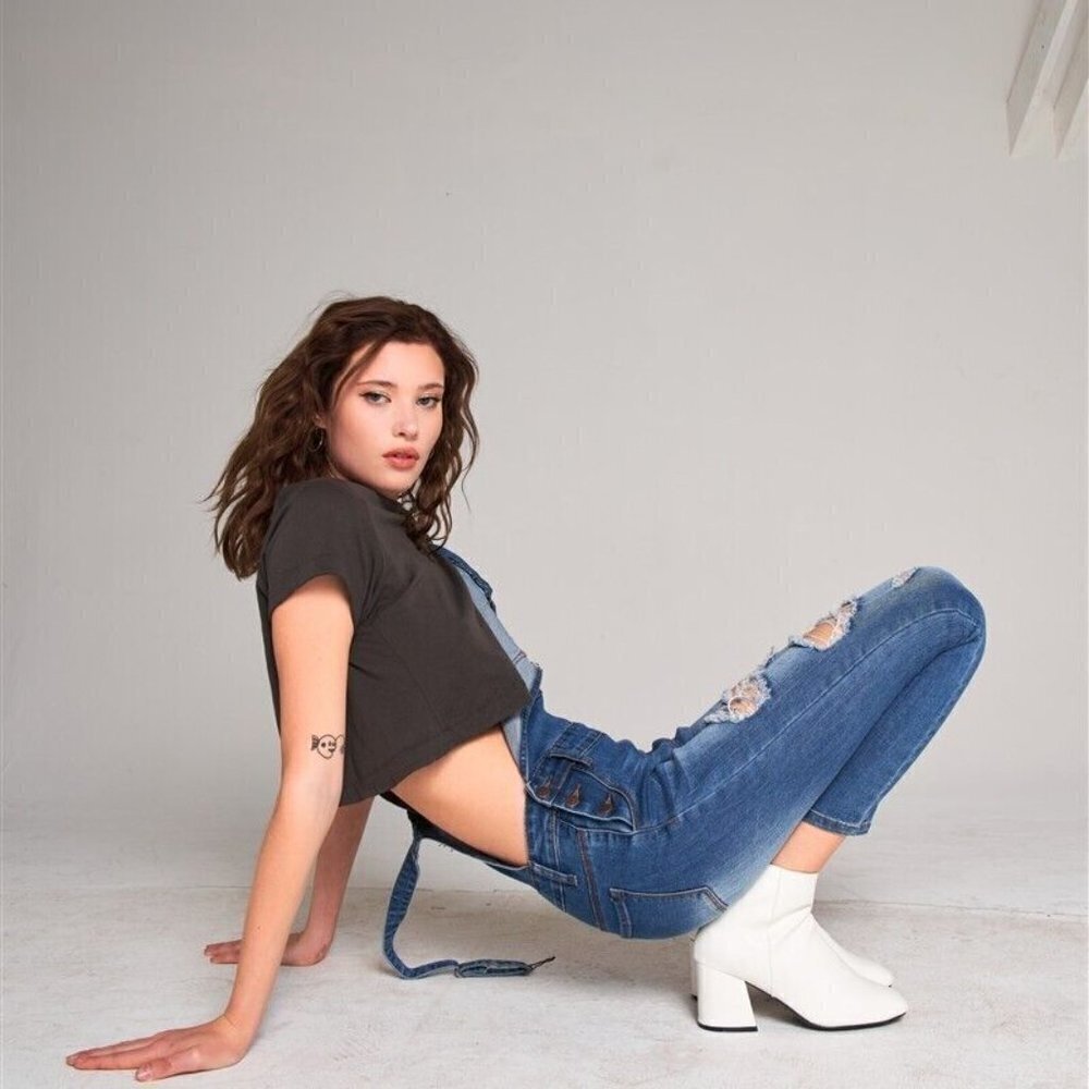 Skinny Denim Overalls Distressed Ripped Jeans - Picture 9 of 15